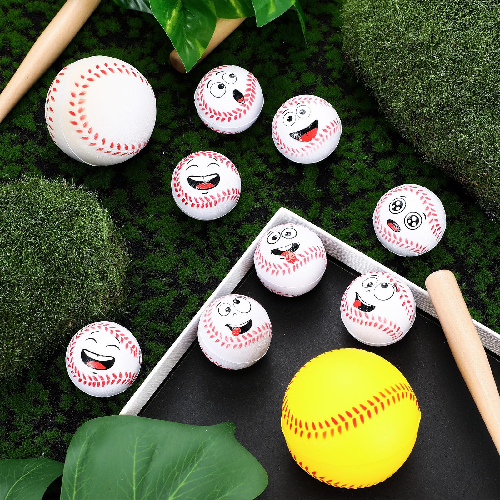 Arrowbash 12 Pack Mini Baseball Stress Balls with Funny Faces - Foam Stress Relief Toys for Party Favors