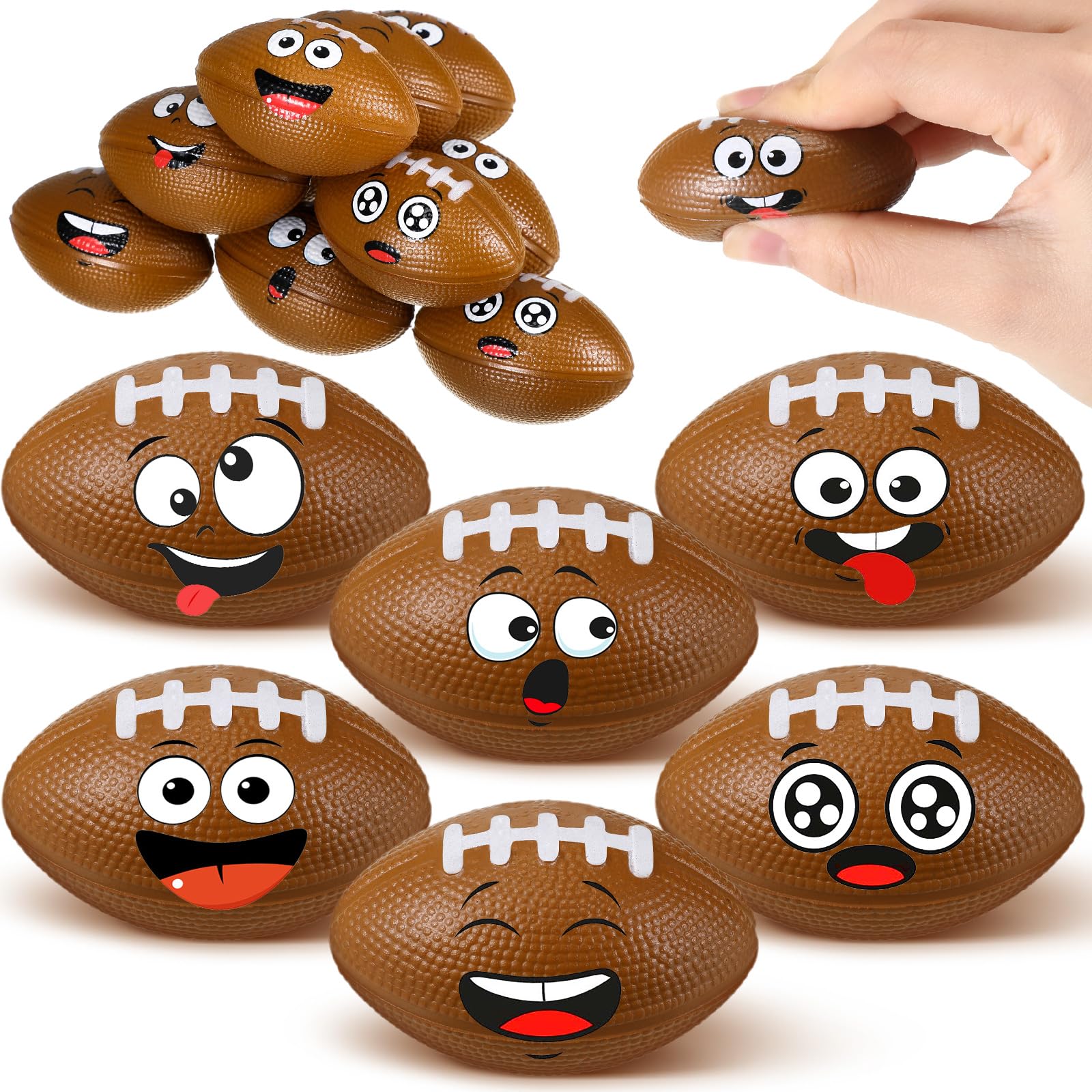 Arrowbash 12 Pack Mini Football Stress Balls with Funny Faces – PU Foam Squeeze Toys for Anxiety Relief, Party Favors, and Gifts