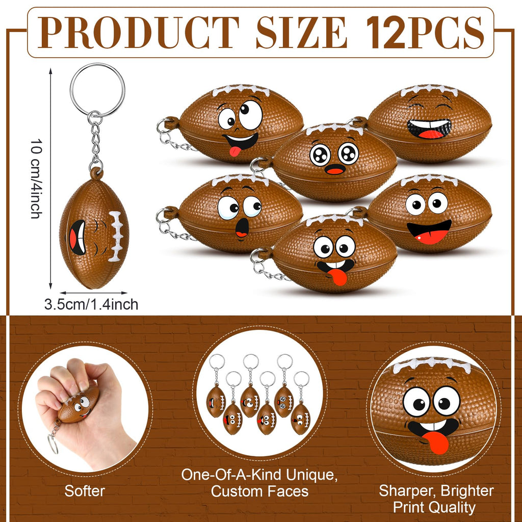 Arrowbash 12 Pack Mini Stress Ball Keychains - Sport Face Design Stress Relief Squeeze Balls for Keychain, Party Favors, Team Gifts (Football)