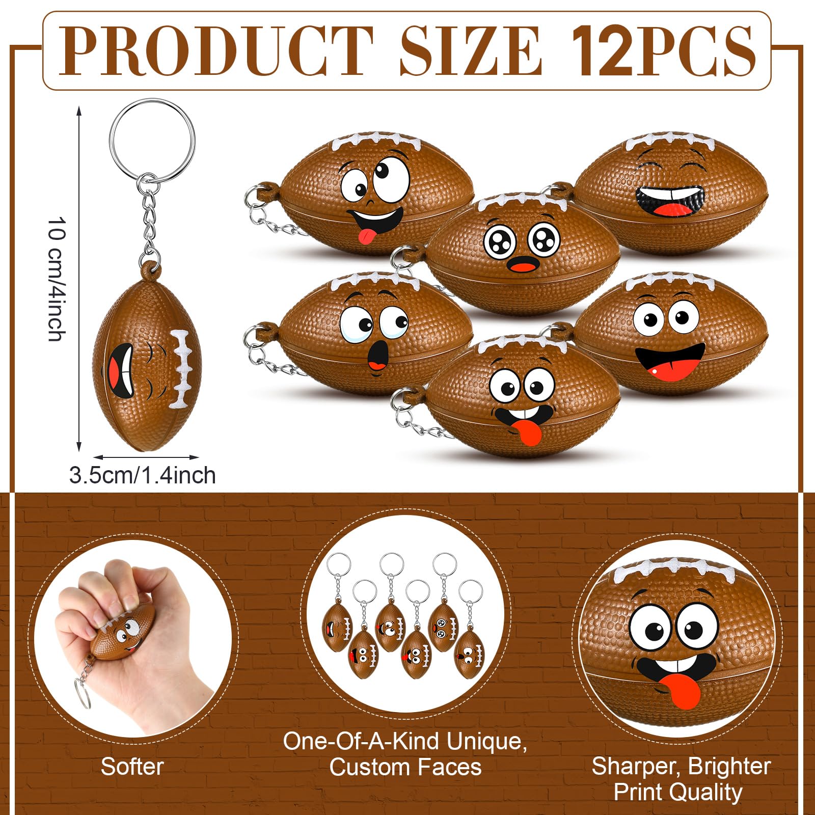 Arrowbash 12 Pack Mini Stress Ball Keychains - Sport Face Design Stress Relief Squeeze Balls for Keychain, Party Favors, Team Gifts (Football)