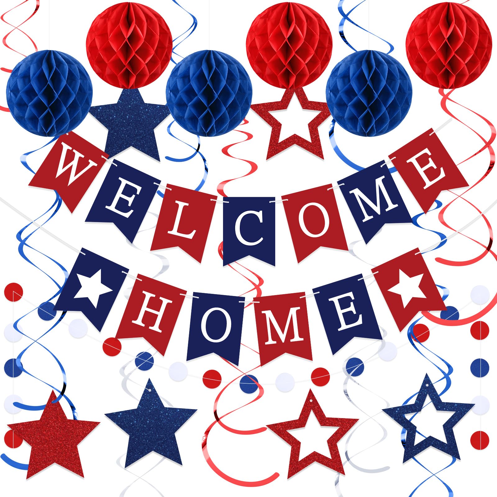 Arrowbash Welcome Home Banner Set with Glitter Stars, Honeycomb Balls, and Streamers – Blue & Red Party Decor