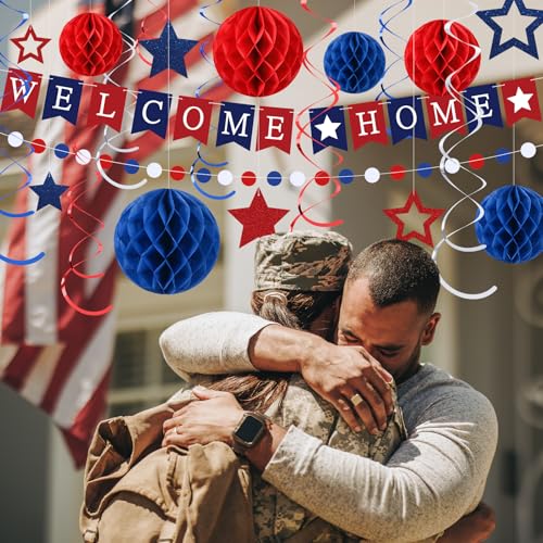 Arrowbash Welcome Home Banner Set with Glitter Stars, Honeycomb Balls, and Streamers – Blue & Red Party Decor