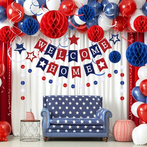Arrowbash Welcome Home Banner Set with Glitter Stars, Honeycomb Balls, and Streamers – Blue & Red Party Decor