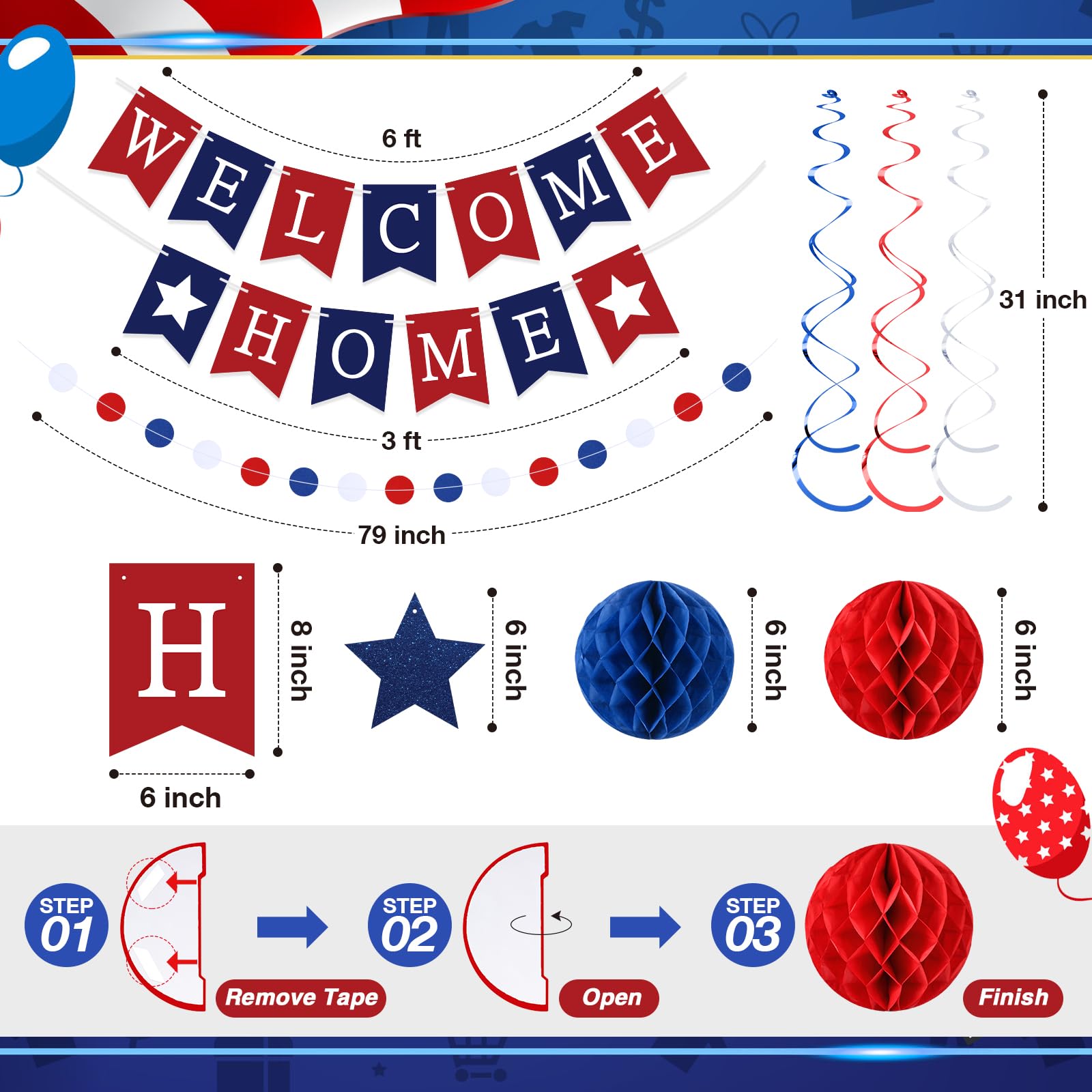 Arrowbash Welcome Home Banner Set with Glitter Stars, Honeycomb Balls, and Streamers – Blue & Red Party Decor