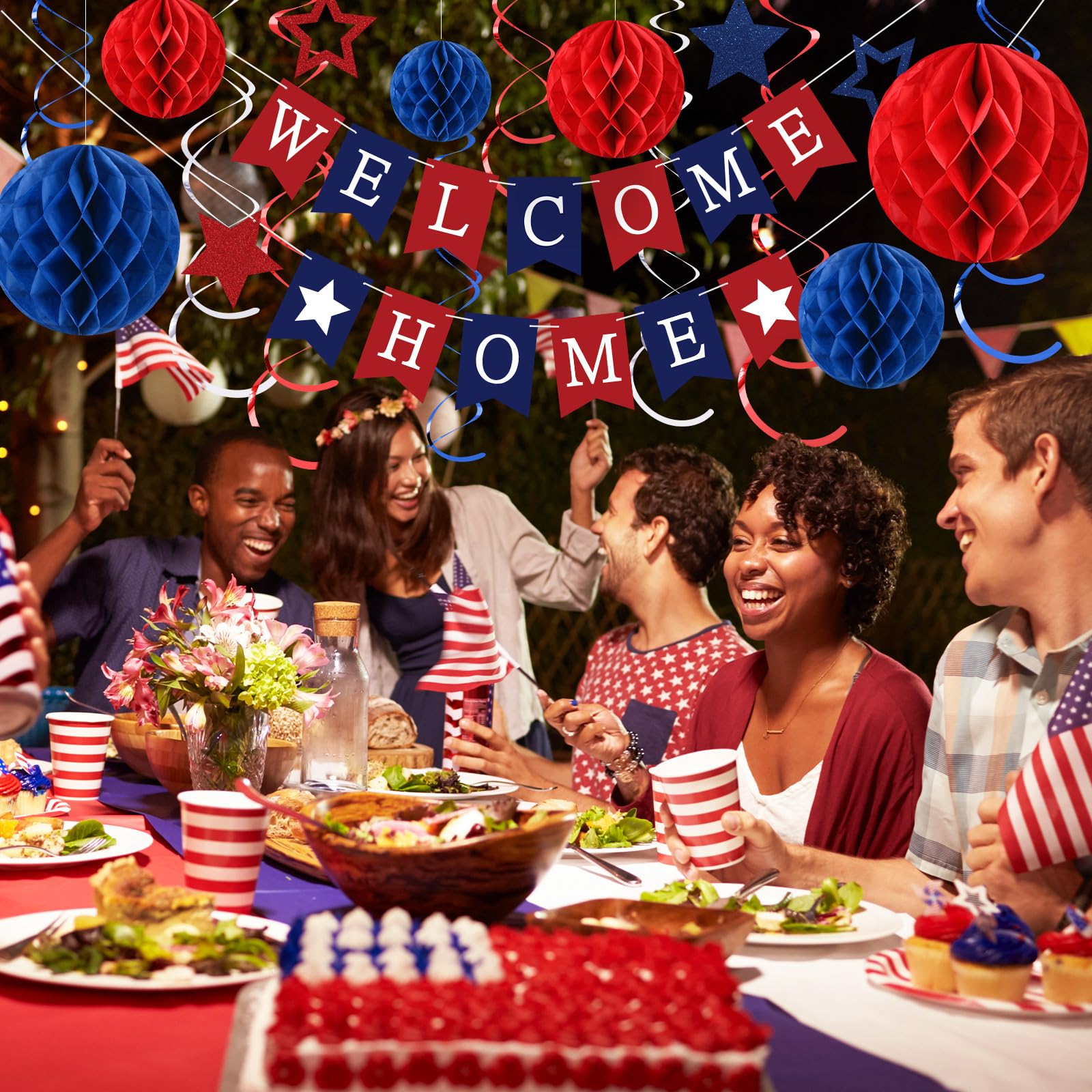 Arrowbash Welcome Home Banner Set with Glitter Stars, Honeycomb Balls, and Streamers – Blue & Red Party Decor