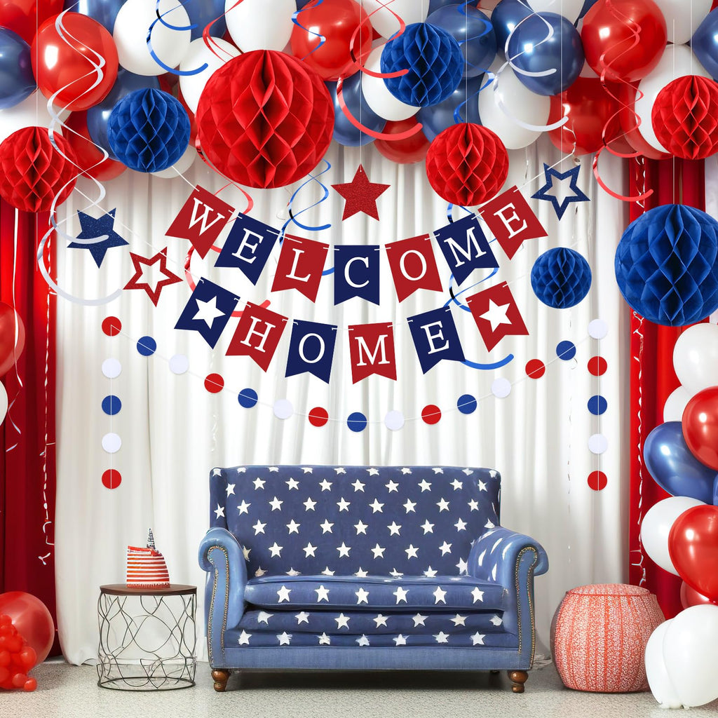 Arrowbash Welcome Home Banner Set with Glitter Stars, Honeycomb Balls, and Streamers – Blue & Red Party Decor