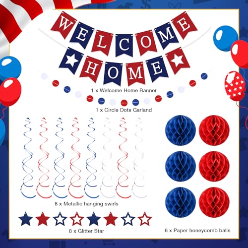 Arrowbash Welcome Home Banner Set with Glitter Stars, Honeycomb Balls, and Streamers – Blue & Red Party Decor