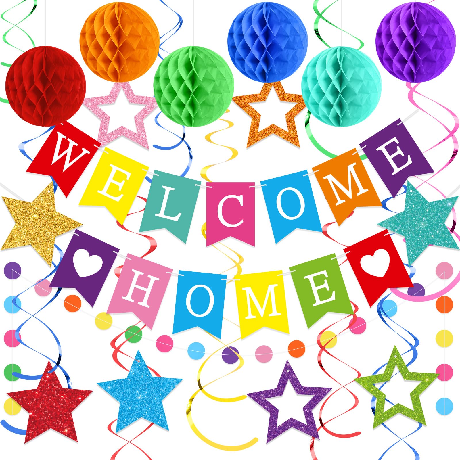 Arrowbash Welcome Home Decorations Set with Glitter Stars, Honeycomb Balls, and Garland for Homecoming Party