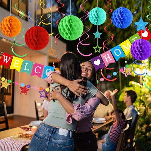 Arrowbash Welcome Home Decorations Set with Glitter Stars, Honeycomb Balls, and Garland for Homecoming Party