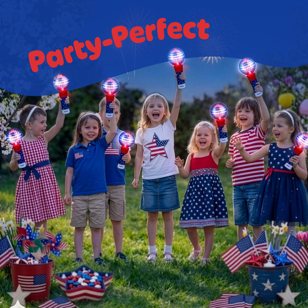 ArtCreativity 7.5" Patriotic Light-Up Magic Ball Wand – LED Spinning Toy for Kids, Batteries Included, 4th of July Party Favor