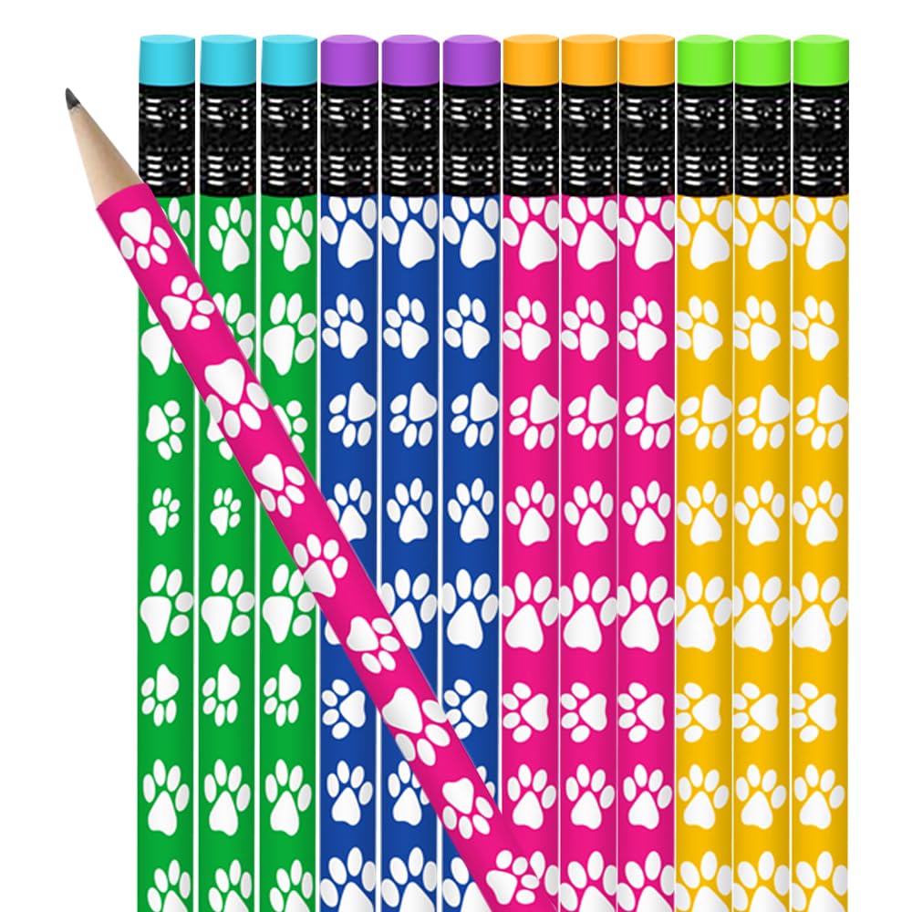 ArtCreativity Paw Print Pencils Set of 12 - Colorful Wooden Dog & Cat School Supplies with Erasers