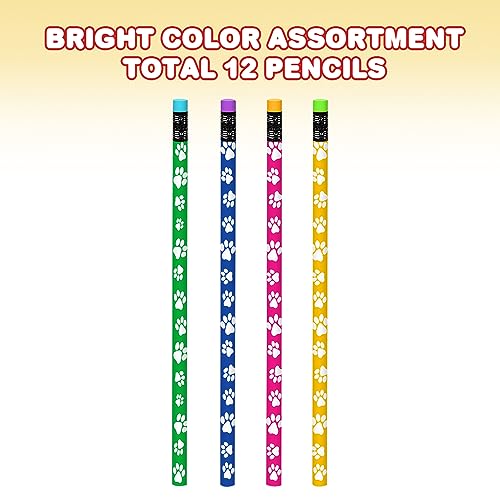 ArtCreativity Paw Print Pencils Set of 12 - Colorful Wooden Dog & Cat School Supplies with Erasers