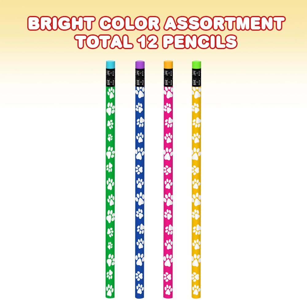 ArtCreativity Paw Print Pencils Set of 12 - Colorful Wooden Dog & Cat School Supplies with Erasers