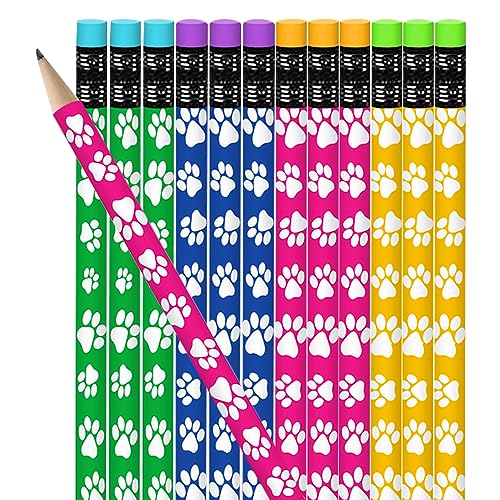 ArtCreativity Paw Print Pencils Set of 12 - Colorful Wooden Dog & Cat School Supplies with Erasers