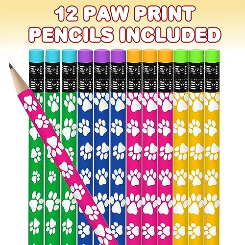 ArtCreativity Paw Print Pencils Set of 12 - Colorful Wooden Dog & Cat School Supplies with Erasers