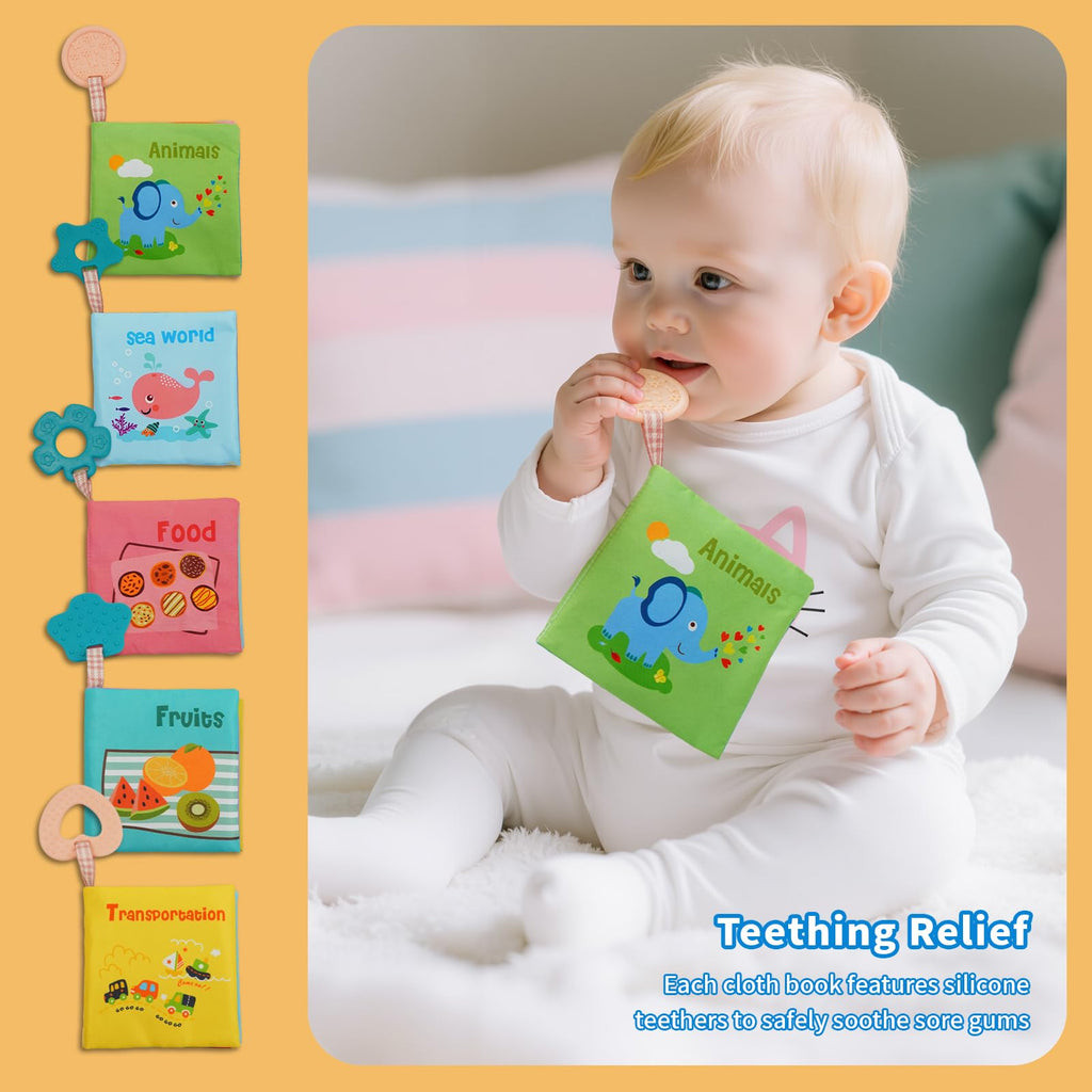 ArtCredit 5-Pack Soft Cloth Crinkle Books for Babies 0-12 Months - Sensory Toys with Teether, Washable & Non-Toxic
