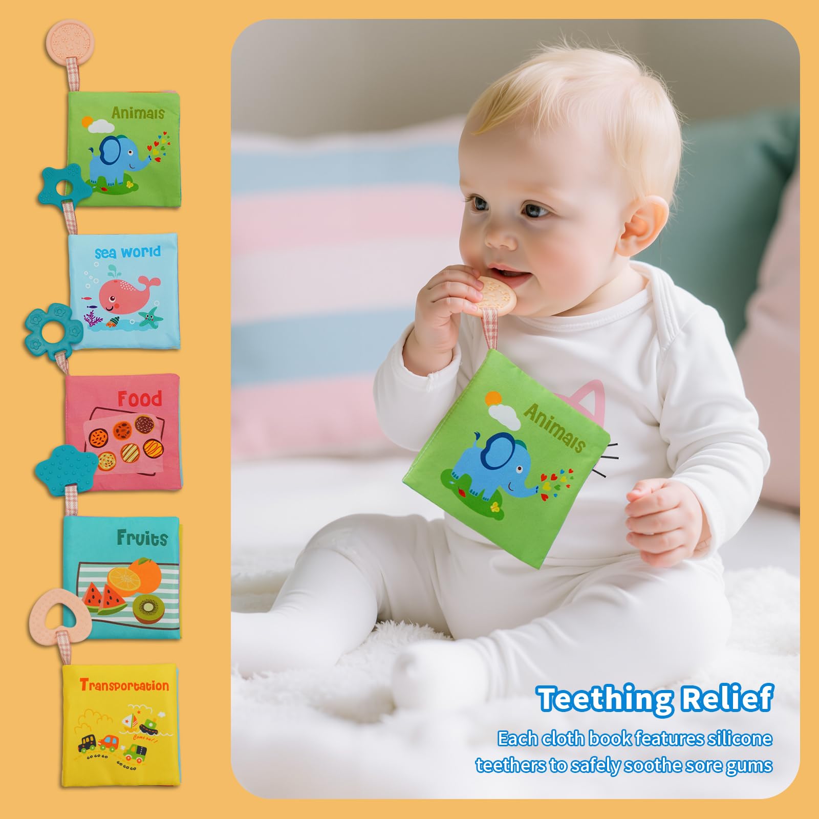 ArtCredit 5-Pack Soft Cloth Crinkle Books for Babies 0-12 Months - Sensory Toys with Teether, Washable & Non-Toxic