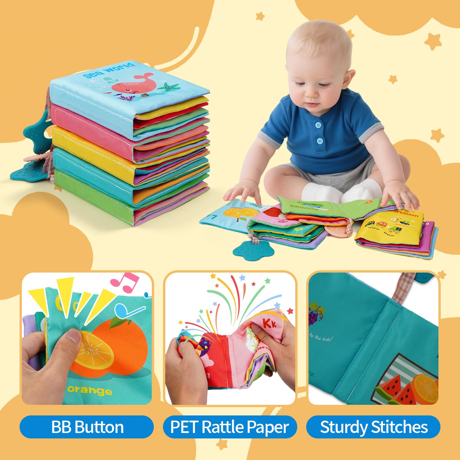 ArtCredit 5-Pack Soft Cloth Crinkle Books for Babies 0-12 Months - Sensory Toys with Teether, Washable & Non-Toxic