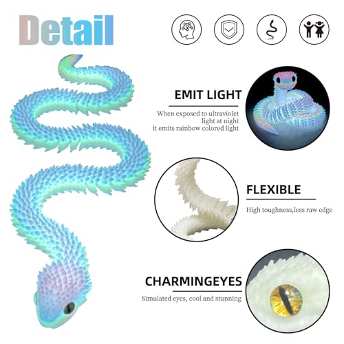 Articulated 3D Printed Snake Toy - 24 Inch Luminous Rainbow Fidget Toy by Binvin
