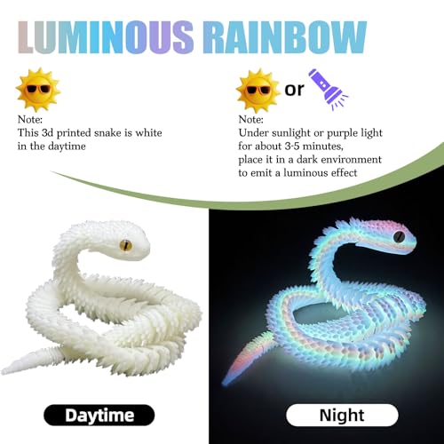 Articulated 3D Printed Snake Toy - 24 Inch Luminous Rainbow Fidget Toy by Binvin