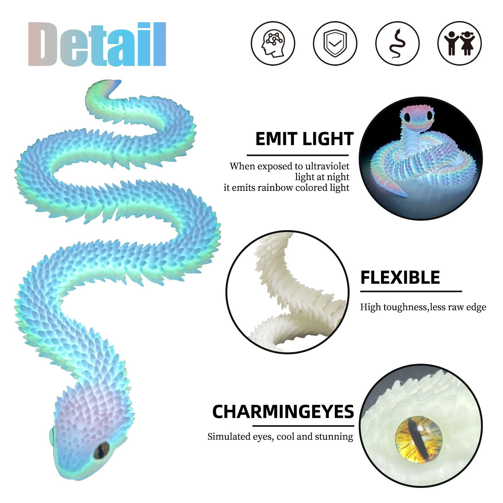 Articulated 3D Printed Snake Toy - 24 Inch Luminous Rainbow Fidget Toy by Binvin