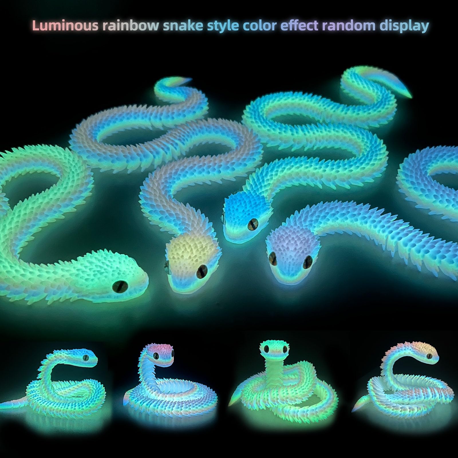 Articulated 3D Printed Snake Toy - 24 Inch Luminous Rainbow Fidget Toy by Binvin