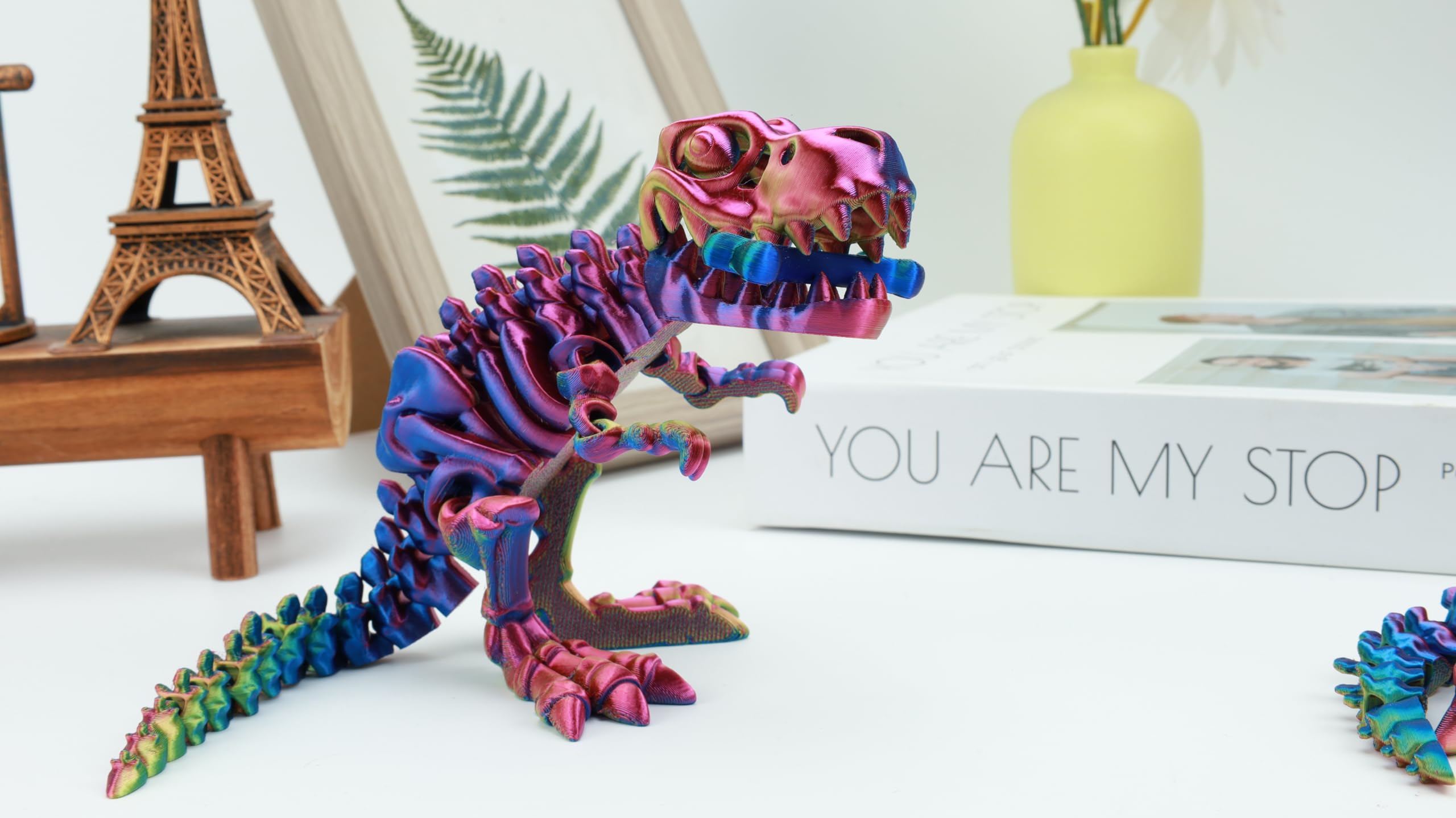 Articulated 3D Printed T-Rex Skeleton Fidget Toy – Poseable Dinosaur Decor for Stress Relief (Dazzling Multi-Color)