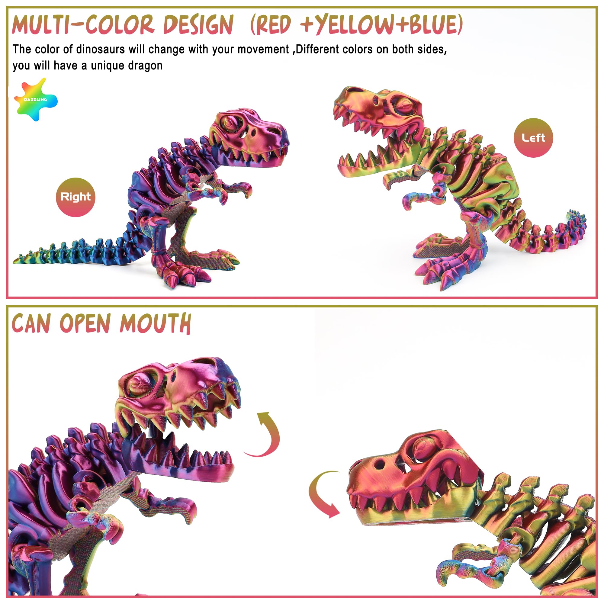 Articulated 3D Printed T-Rex Skeleton Fidget Toy – Poseable Dinosaur Decor for Stress Relief (Dazzling Multi-Color)