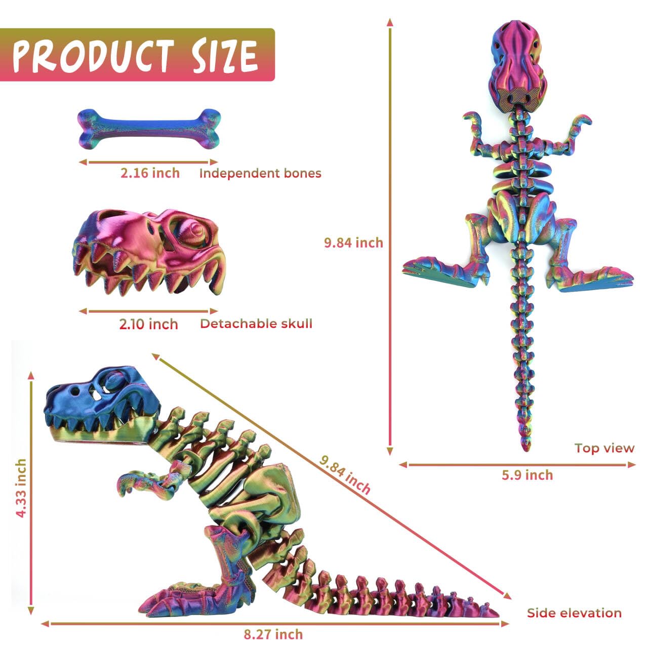 Articulated 3D Printed T-Rex Skeleton Fidget Toy – Poseable Dinosaur Decor for Stress Relief (Dazzling Multi-Color)