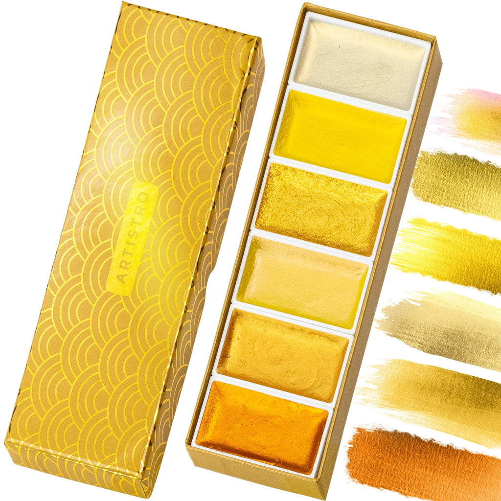 ARTISTRO Metallic Watercolor Paint Set - 6 Gold Colors, XL Pans, ASTM-I Lightfastness for Artists