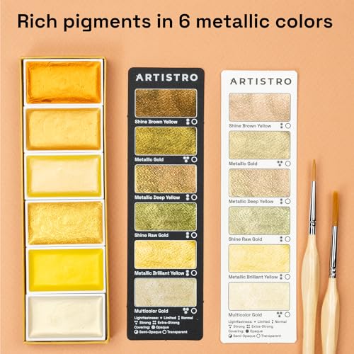 ARTISTRO Metallic Watercolor Paint Set - 6 Gold Colors, XL Pans, ASTM-I Lightfastness for Artists