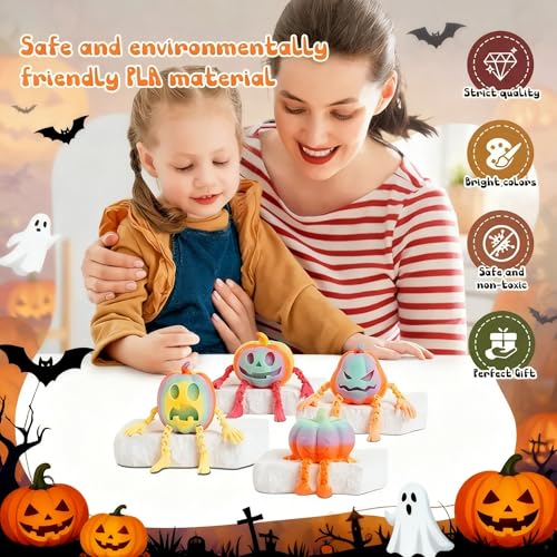 ASDTGOE 3D Printed Halloween Pumpkin Articulated Fidget Toy Set – 4 Multi-Color Movable Decorations