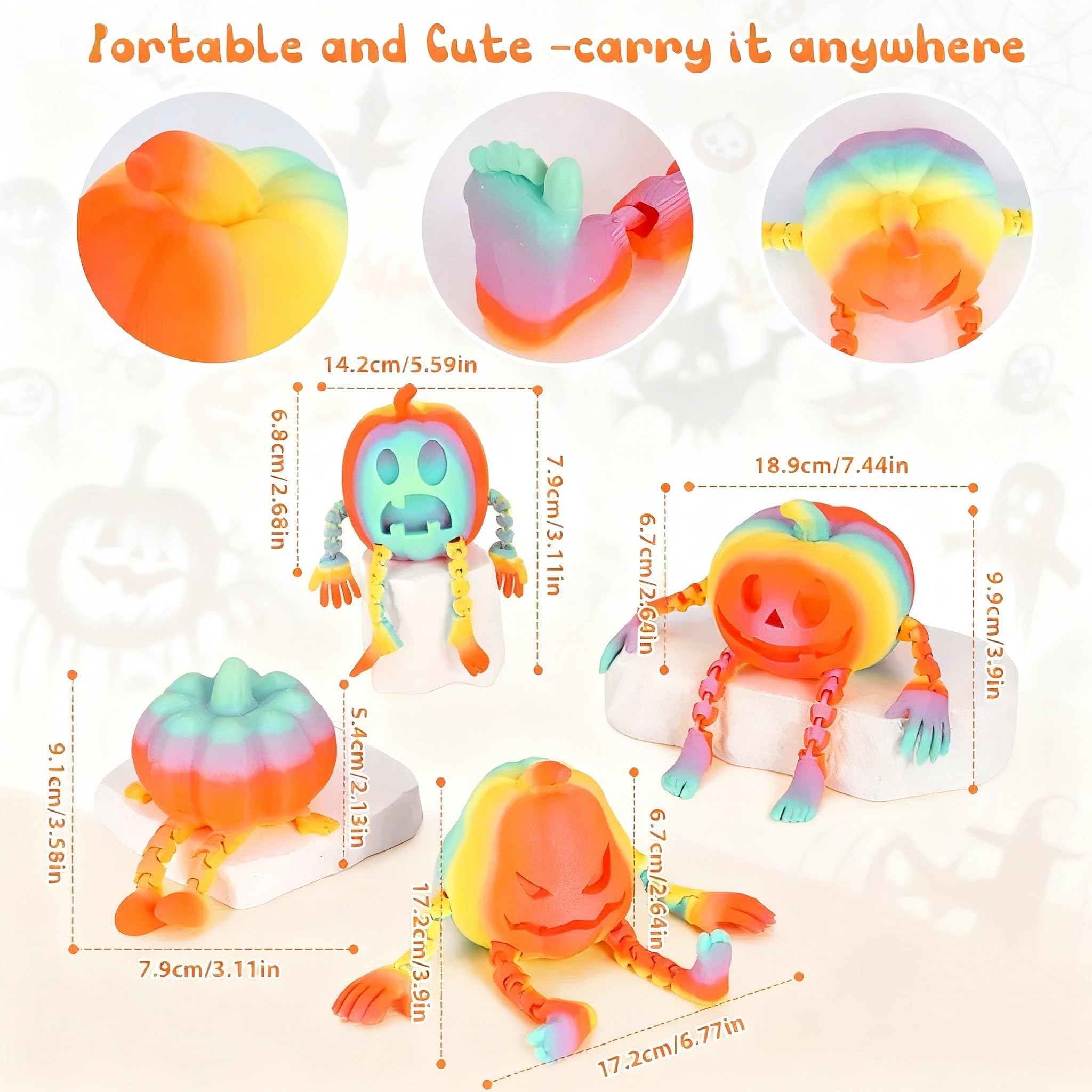ASDTGOE 3D Printed Halloween Pumpkin Articulated Fidget Toy Set – 4 Multi-Color Movable Decorations