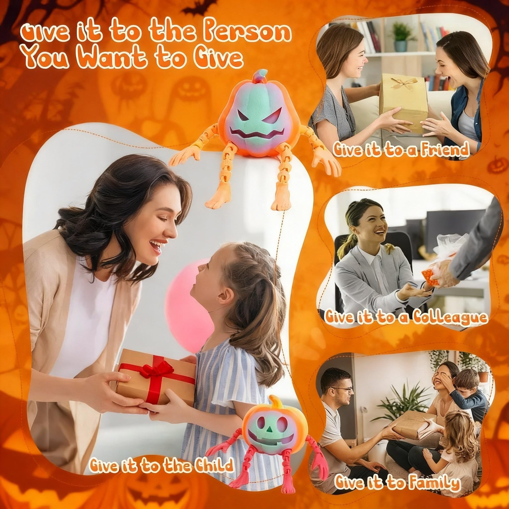 ASDTGOE 3D Printed Halloween Pumpkin Articulated Fidget Toy Set – 4 Multi-Color Movable Decorations