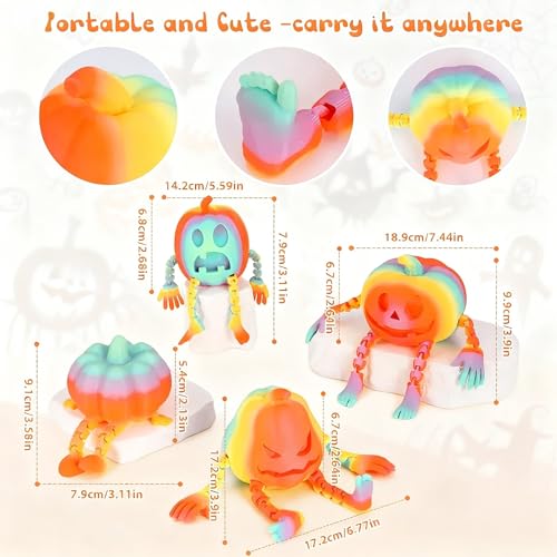 ASDTGOE 3D Printed Halloween Pumpkin Articulated Fidget Toy Set – 4 Multi-Color Movable Decorations