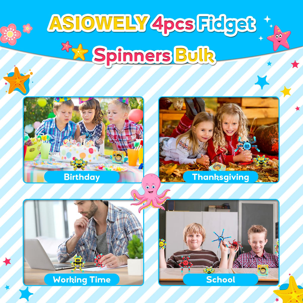 ASIOWELY 4-Pack Transformable Fidget Spinner Toys – 360° Rotating Finger Gyros with 6 Chains and 3 Expressions for Stress Relief
