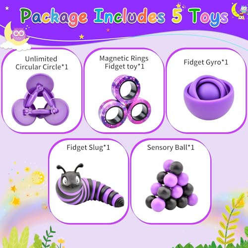 ASIOWELY Fidget Toys Pack - 5 Piece Sensory Set for Stress Relief (Gyro, Slug, Magnetic Rings, Spinner, Ball)