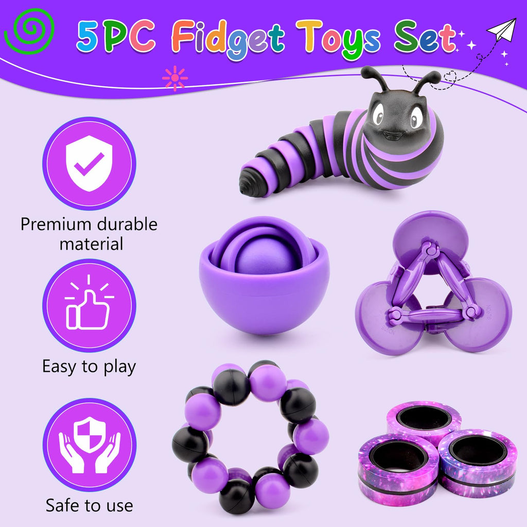 ASIOWELY Fidget Toys Pack - 5 Piece Sensory Set for Stress Relief (Gyro, Slug, Magnetic Rings, Spinner, Ball)
