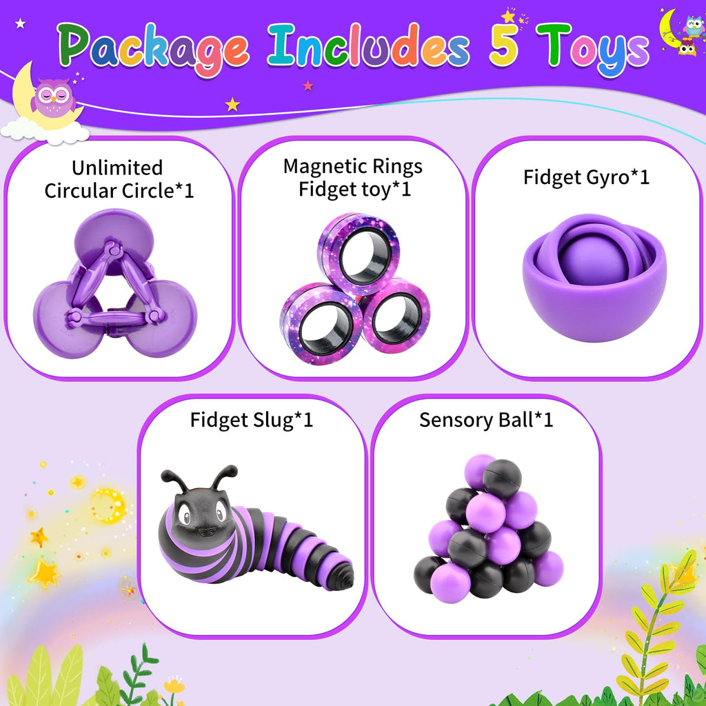 ASIOWELY Fidget Toys Pack - 5 Piece Sensory Set for Stress Relief (Gyro, Slug, Magnetic Rings, Spinner, Ball)