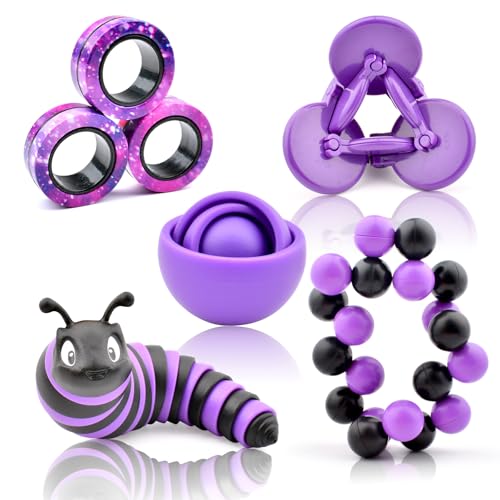 ASIOWELY Fidget Toys Pack - 5 Piece Sensory Set for Stress Relief (Gyro, Slug, Magnetic Rings, Spinner, Ball)