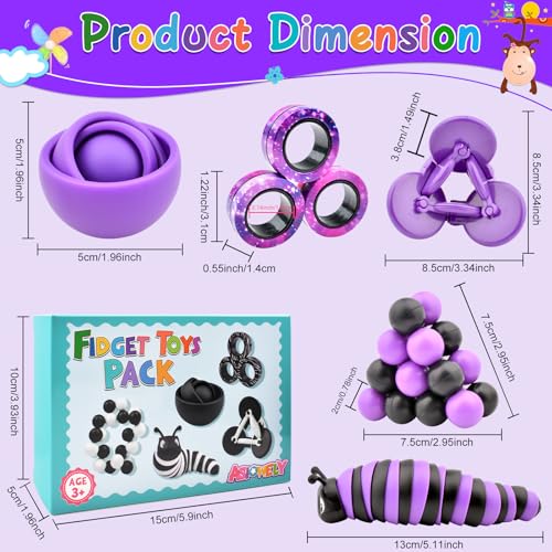 ASIOWELY Fidget Toys Pack - 5 Piece Sensory Set for Stress Relief (Gyro, Slug, Magnetic Rings, Spinner, Ball)