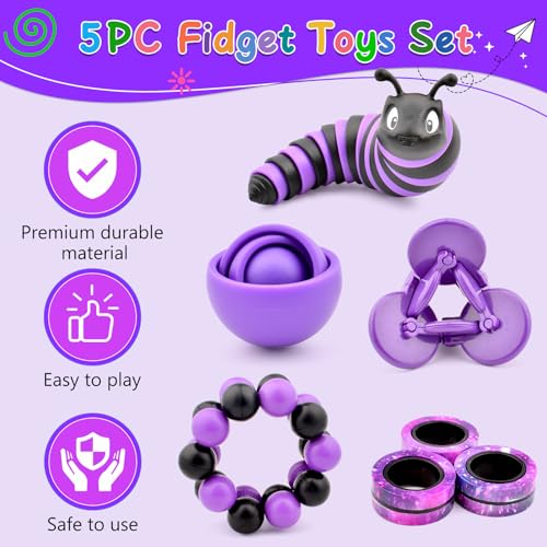 ASIOWELY Fidget Toys Pack - 5 Piece Sensory Set for Stress Relief (Gyro, Slug, Magnetic Rings, Spinner, Ball)