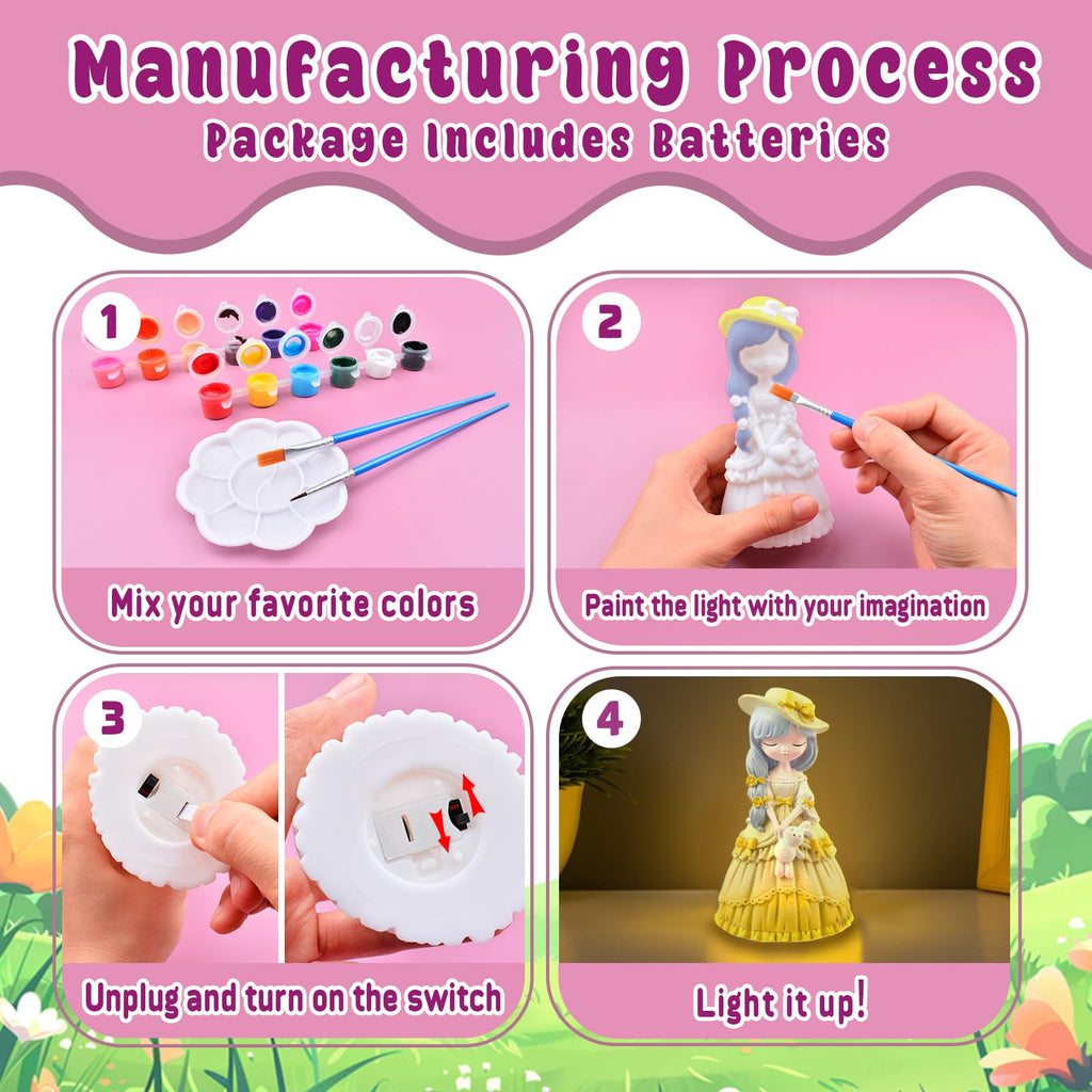 ASIOWELY Paint Your Own Princess Lamp Kit – DIY Night Light Craft for Kids Ages 3-12