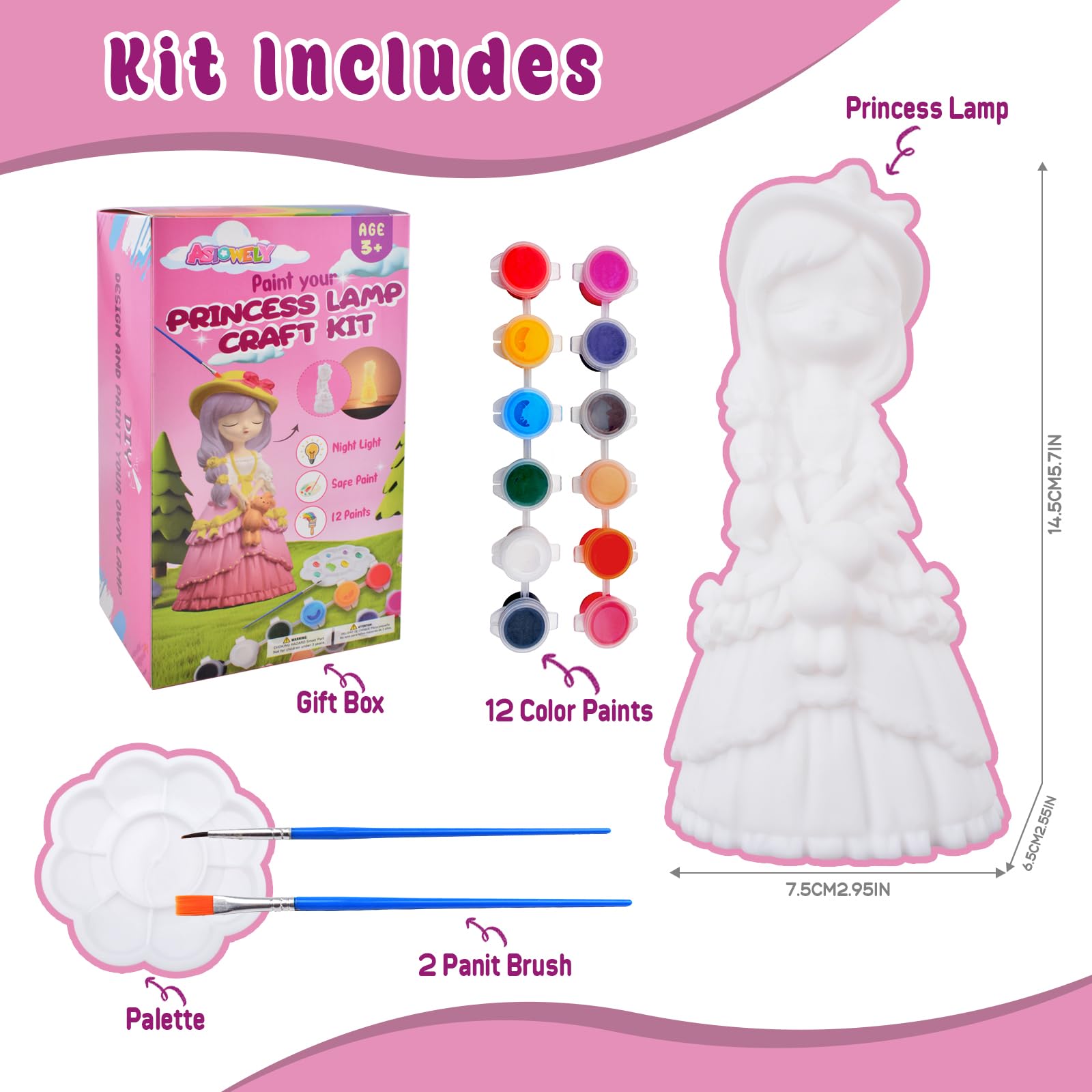 ASIOWELY Paint Your Own Princess Lamp Kit – DIY Night Light Craft for Kids Ages 3-12