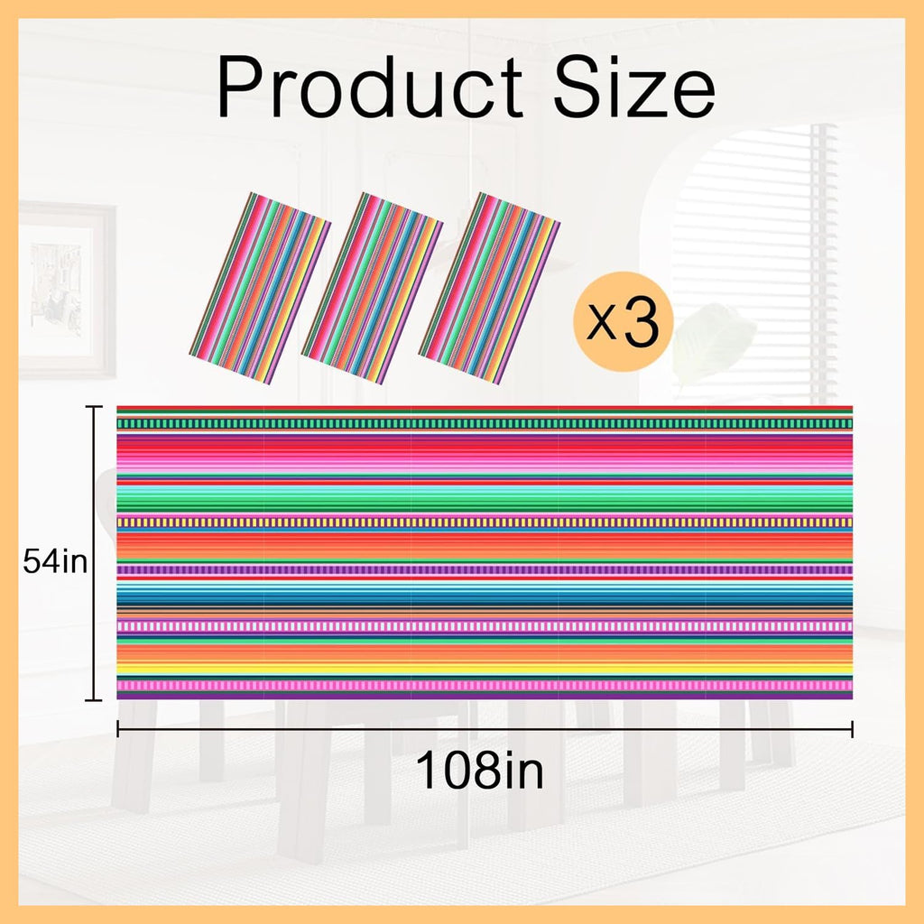 ASLERMURE 3 Pack Mexican Serape Tablecloths 54x108 Inches Disposable Plastic Striped Party Table Cover for Cinco de Mayo, Birthday, Weddings