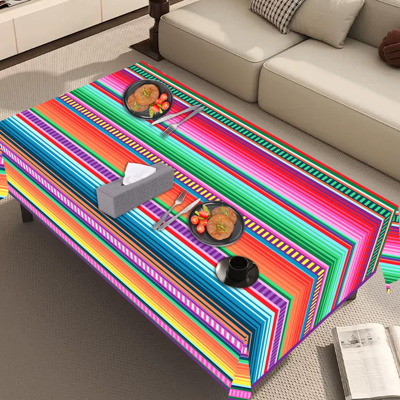 ASLERMURE 3 Pack Mexican Serape Tablecloths 54x108 Inches Disposable Plastic Striped Party Table Cover for Cinco de Mayo, Birthday, Weddings