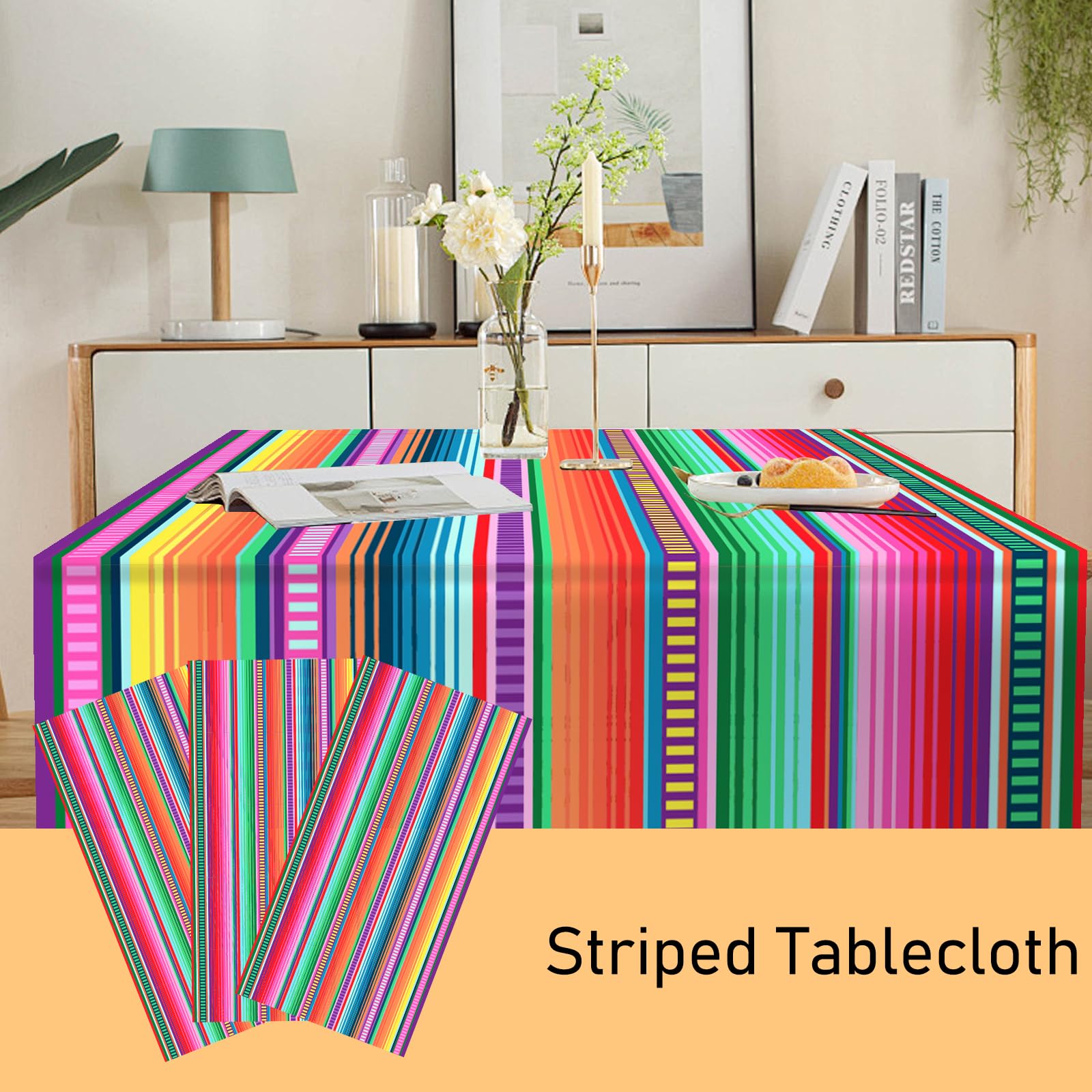 ASLERMURE 3 Pack Mexican Serape Tablecloths 54x108 Inches Disposable Plastic Striped Party Table Cover for Cinco de Mayo, Birthday, Weddings