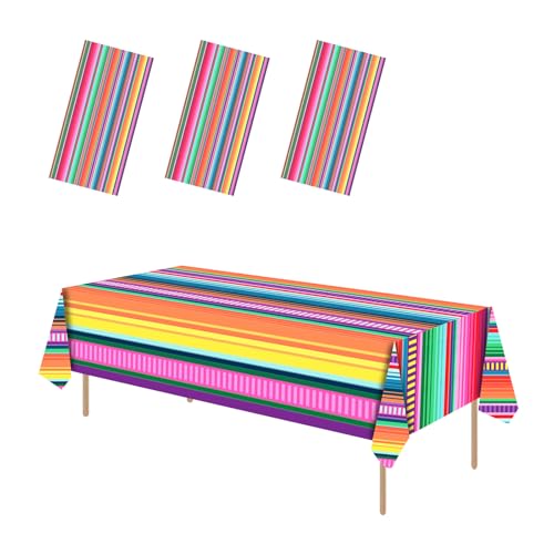 ASLERMURE 3 Pack Mexican Serape Tablecloths 54x108 Inches Disposable Plastic Striped Party Table Cover for Cinco de Mayo, Birthday, Weddings