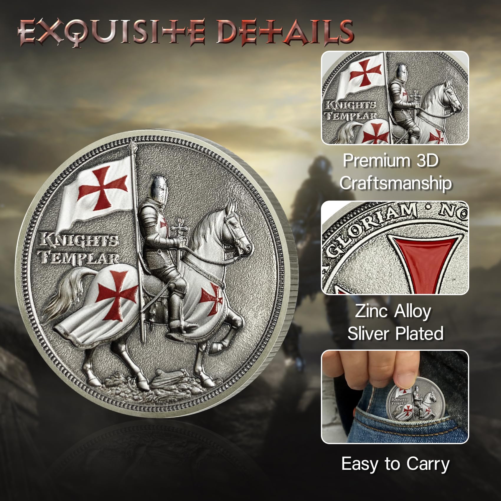ASmileIndeep Knights Templar Challenge Coin – 3D Silver-Plated Christian Religious Medallion