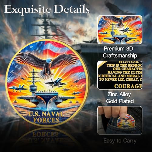 ASmileIndeep U.S. Naval Forces Challenge Coin – 40mm Zinc Alloy Navy Coin with Aircraft Carrier & Eagle
